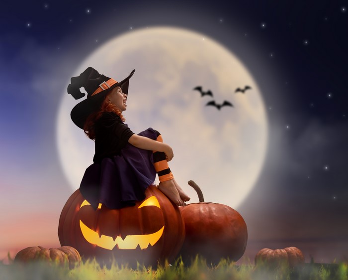 4k, 5k, 6k, Pumpkin, Halloween, Little Girls, Moon, Night, Hat, Sitting 