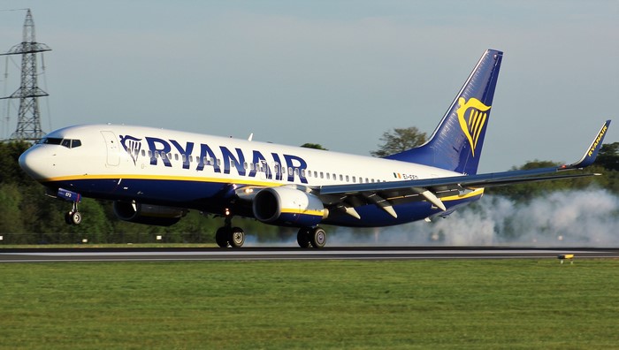 Ryanair airplane landing on runway