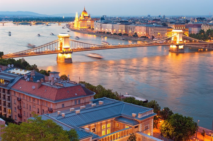 Budapest Hungary Danube River Bridges Evening