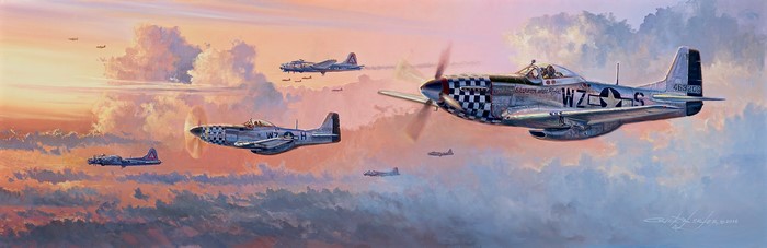 P-51 Mustangs escorting B-17 bombers at sunrise