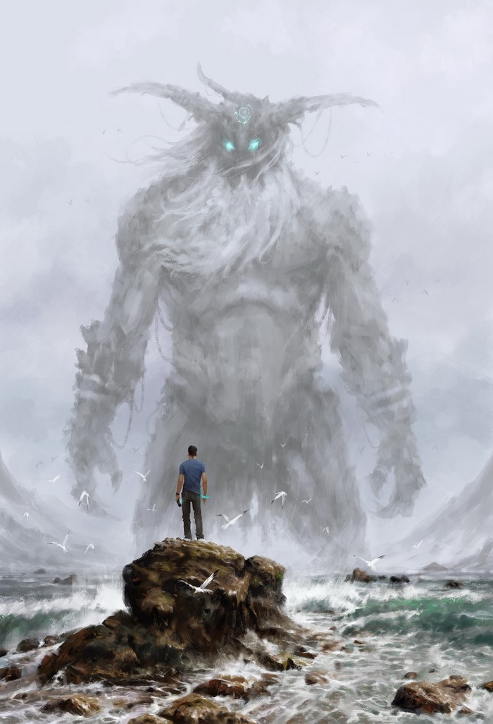 Giant monster and a man on a rocky shore