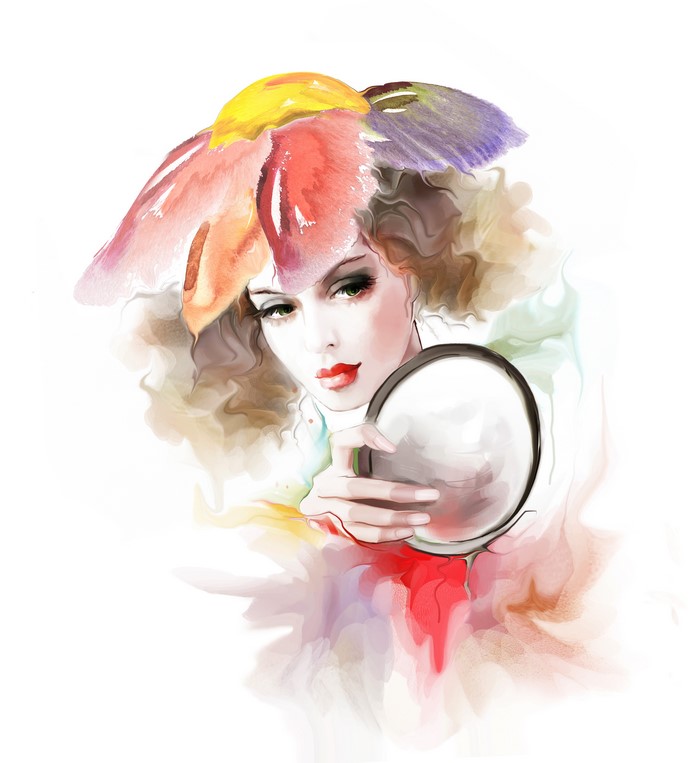 Woman with Flower Hat Holding Mirror