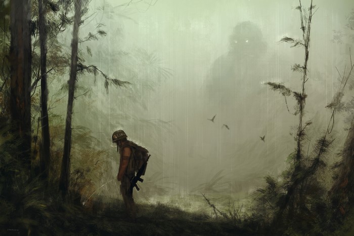 Soldier in a foggy jungle with a giant ape
