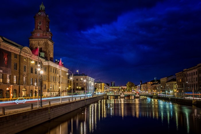 Gothenburg canal at night with historic buildings