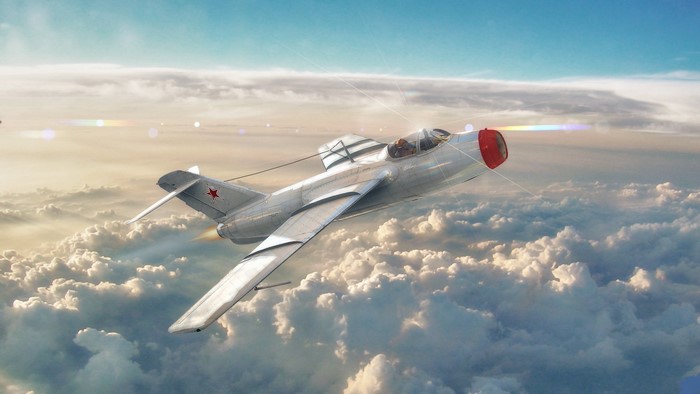 La-15 Fighter Airplane flying over clouds