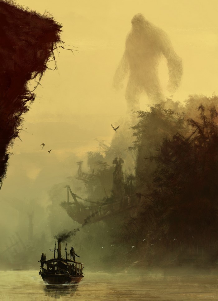Giant ape and wrecked ships on a river