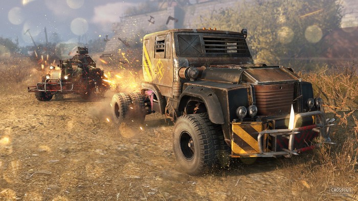 Two armored trucks in a battle in Crossout