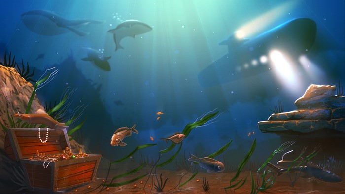 Underwater scene with whales, submarine, and treasure chest