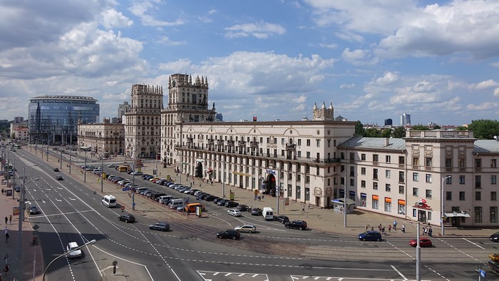 Minsk, Belarus cityscape with modern and historic buildings