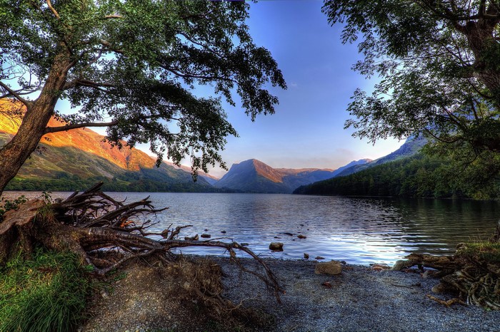 Lake Buttermere Cumbria England with Mountains and Trees