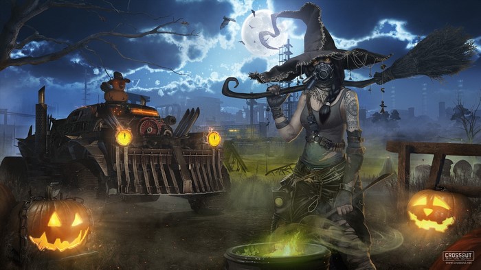 Halloween Witch with Broom and Steampunk Train in Crossout