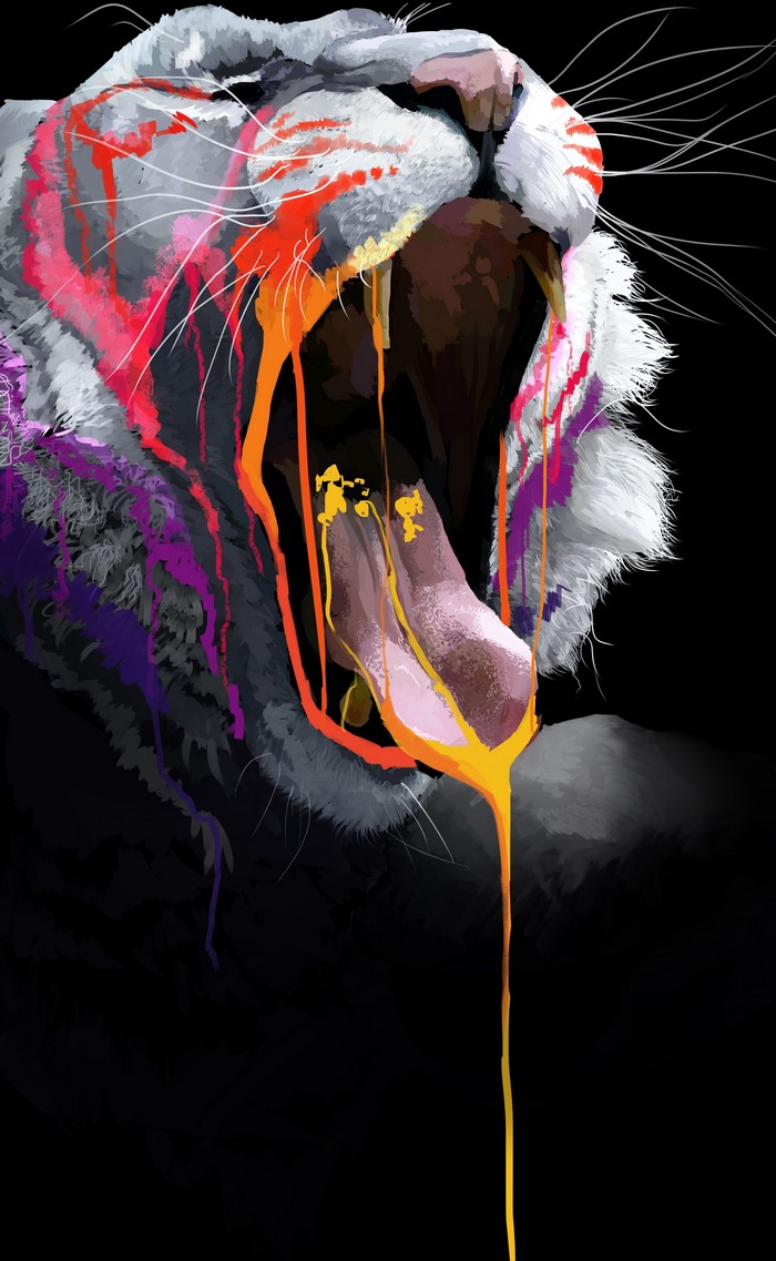 Tiger yawning with colorful paint drips