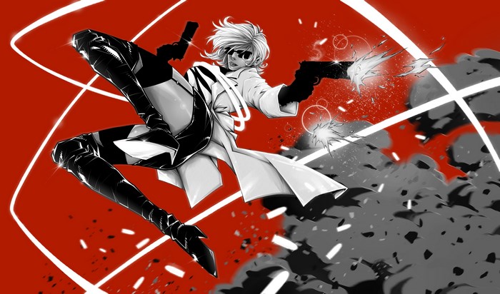 Fan art of Charlize Theron from Atomic Blonde firing pistols
