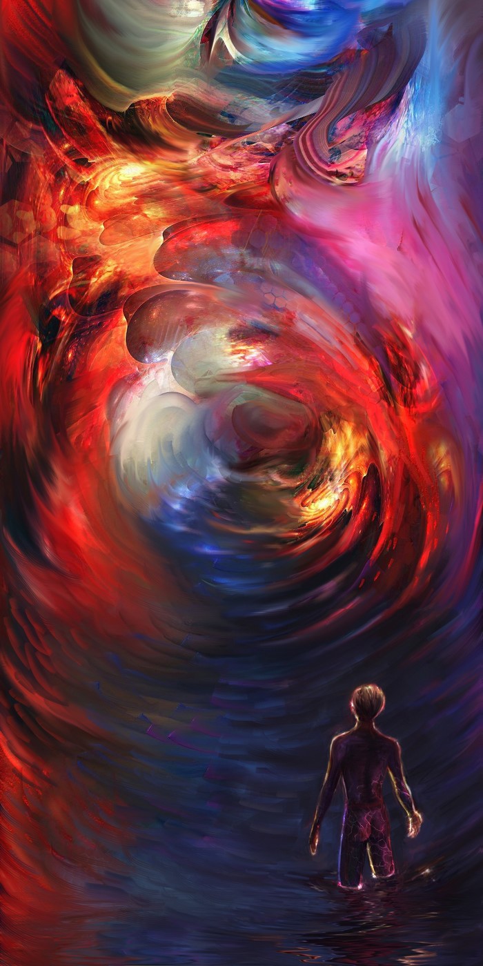 Man standing in abstract swirling colors