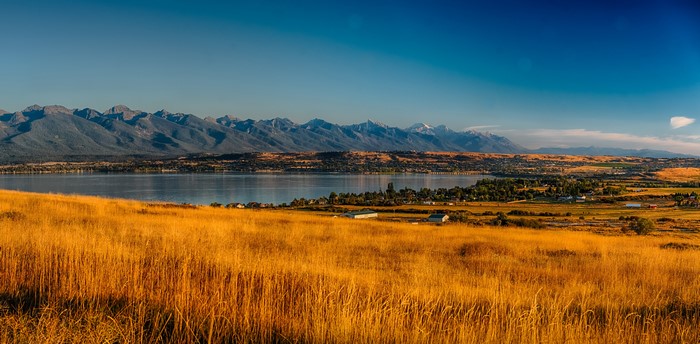 Rocky Point, Montana: Mountains, Lake, and Autumn Fields
