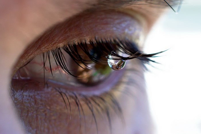 Close-up of a human eye with a water drop on an eyelash