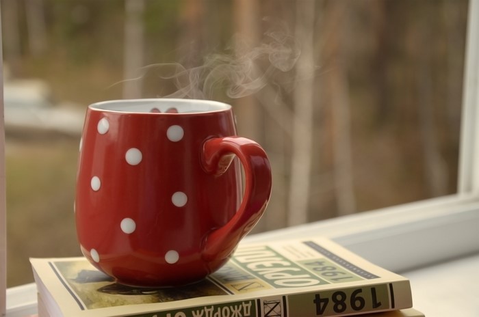 Red polka dot mug with steam on books