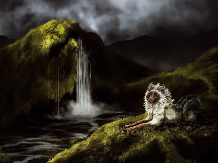 Creature by a waterfall in a dark landscape