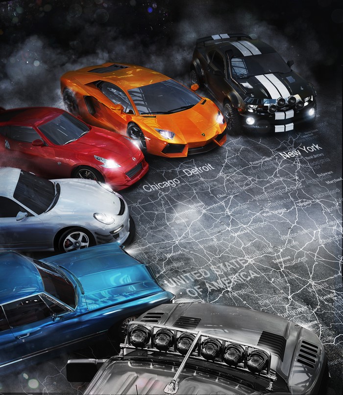 Lamborghini and cars on a map of the United States