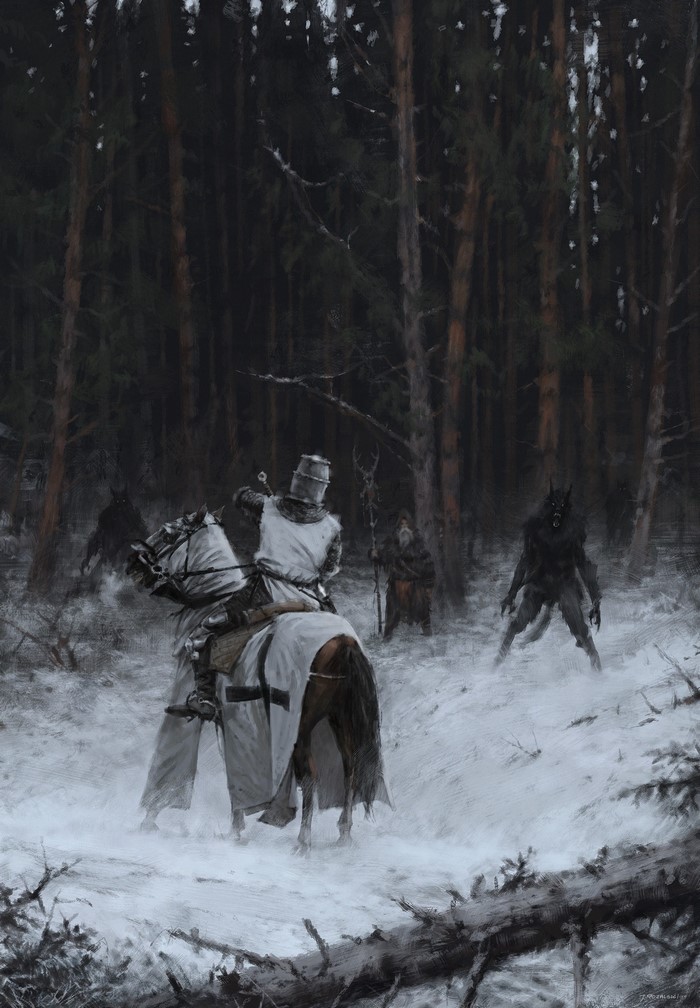 Knight on horseback encounters werewolf and wizard in snowy forest