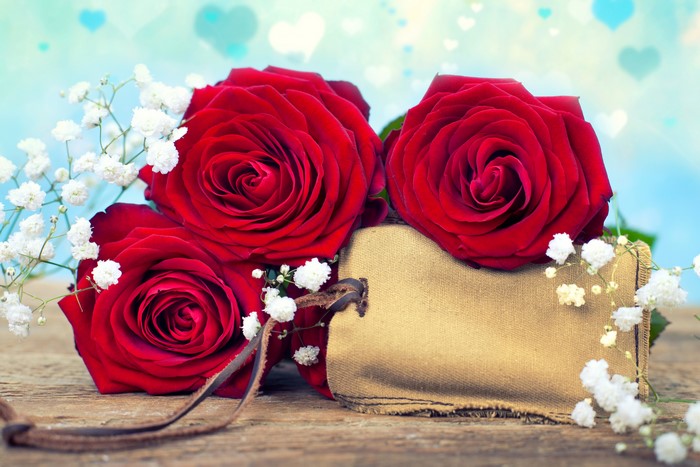 Three Red Roses with Baby's Breath and Tag