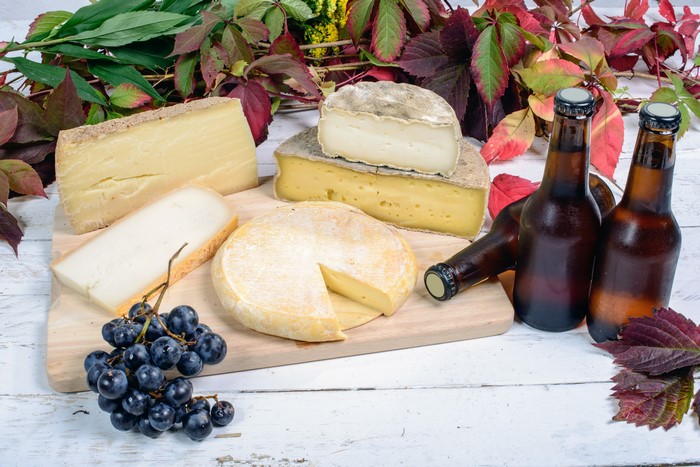 Cheese, Beer, and Grapes Still-Life
