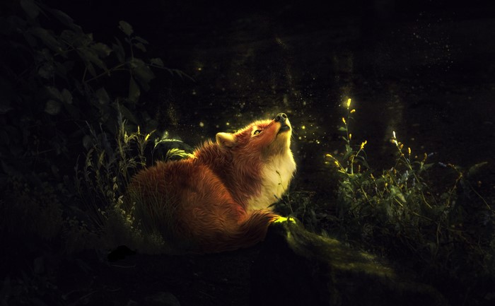 Painting of a fox in a dark forest