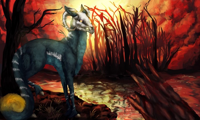 Creature with skull head in a dark forest