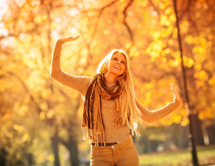 Blonde girl in sweater and scarf in autumn park
