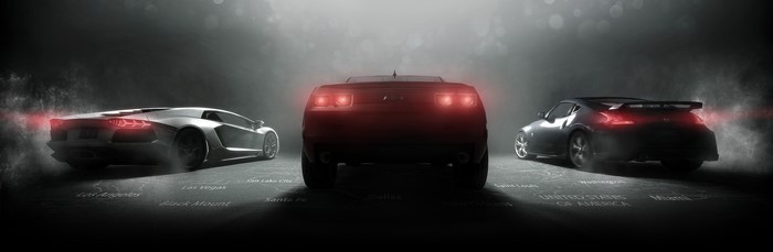 Lamborghini, Chevrolet, and Nissan cars in The Crew