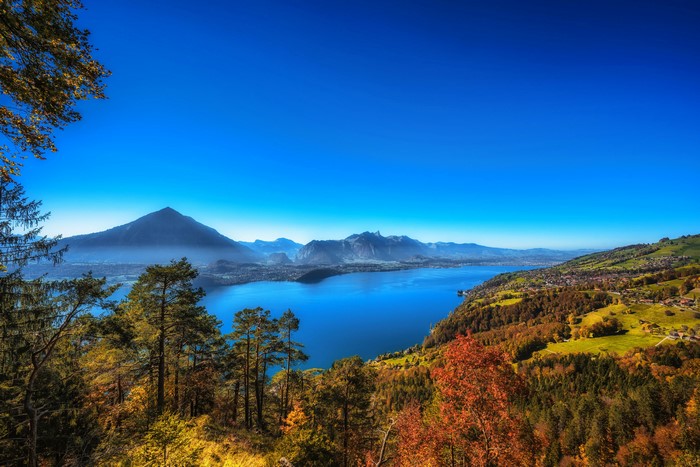 Lake Thun in Canton of Berne, Switzerland during Autumn