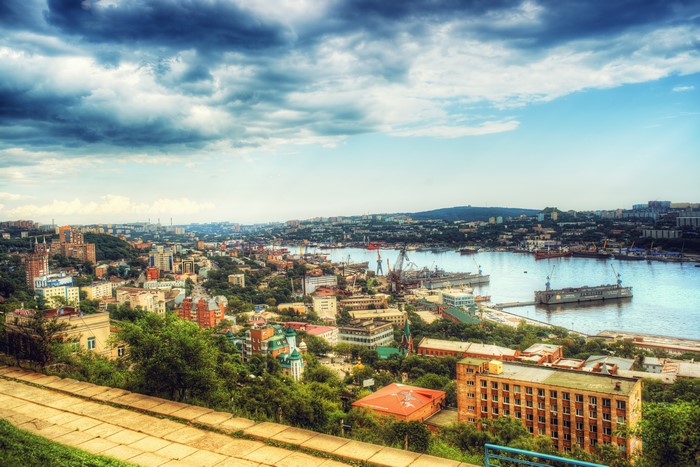 4K Vladivostok Russia Cityscape with Harbor and Clouds