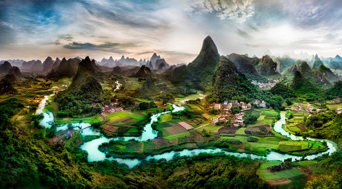 Guangxi Province China River Valley with Karst Mountains