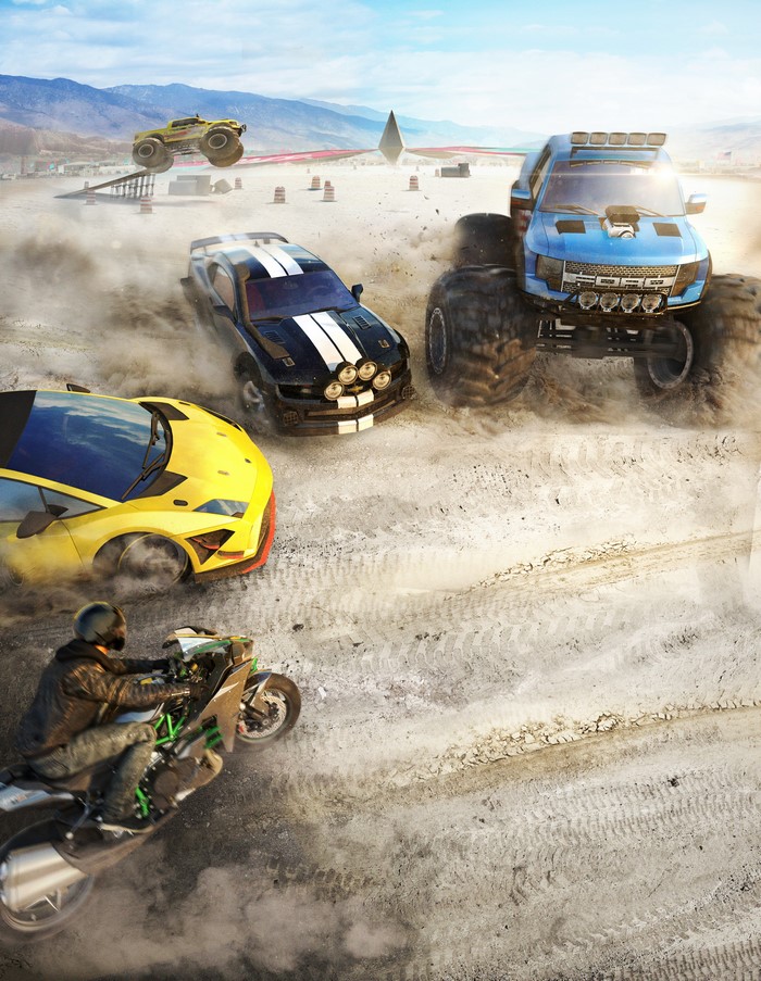 The Crew: Motorcyclist racing monster trucks and sports cars