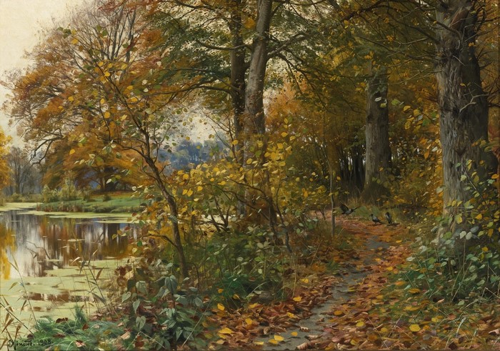 Autumn path by a lake in Charlottendun Forest by Peder Mork Monsted
