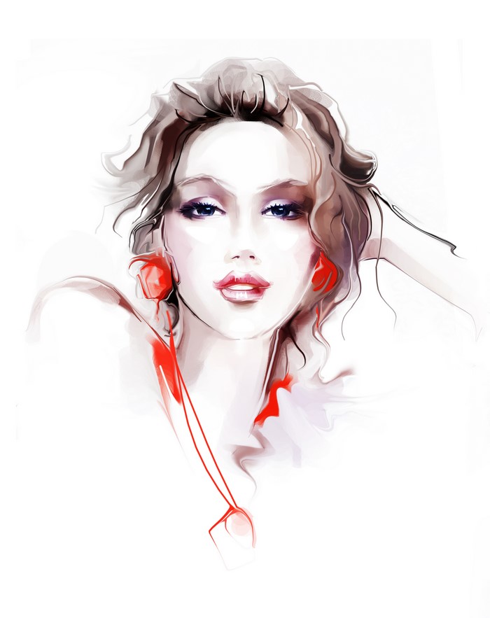 Painting Art of a Brown Haired Woman with Red Earrings