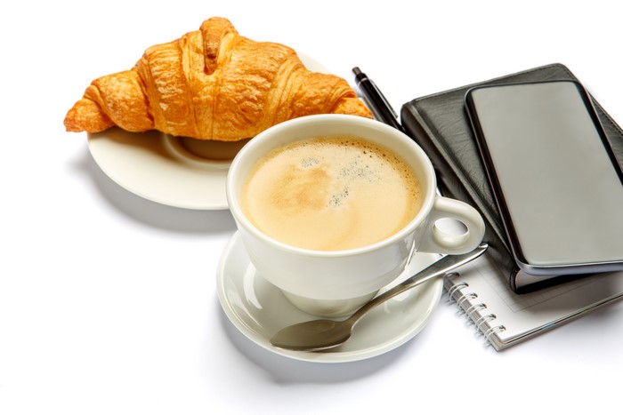 Coffee and Croissant with Notepad and Phone