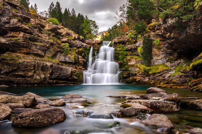 Waterfall in Ordesa Aragon, Spain with Rocks