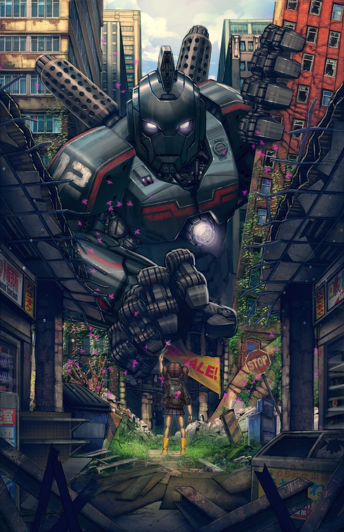 Giant Robot and Girl in Ruined City