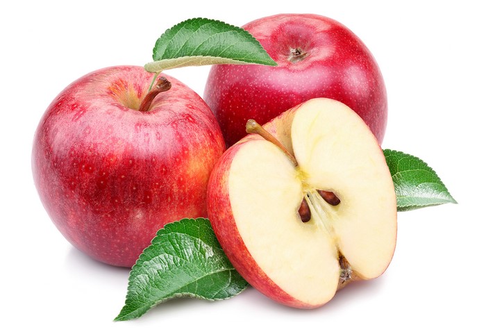 Three Red Apples with Leaves