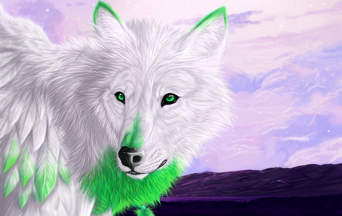 White wolf with green accents painting
