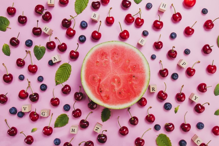 Cherries and Watermelon Slice with Letter Blocks