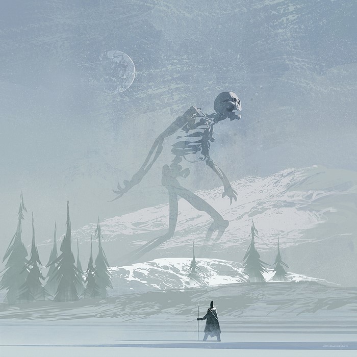 Giant skeleton in a snowy landscape with a lone figure