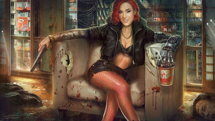 Redhead cyborg girl with pistol sitting in armchair