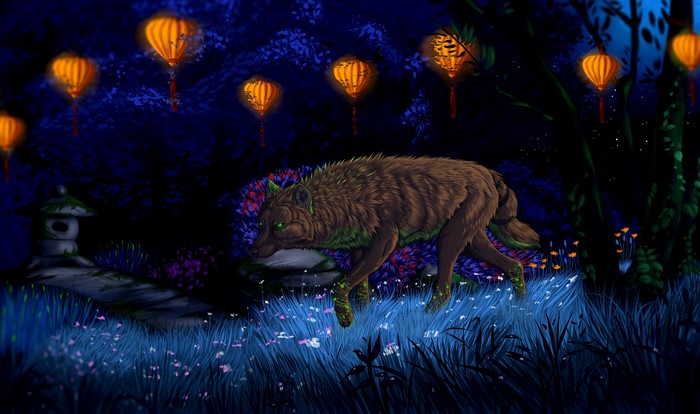 Wolf walking through a lantern-lit forest at night