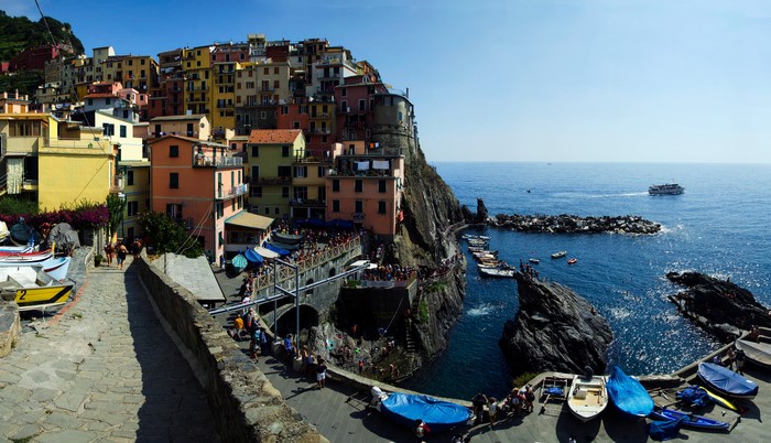 Manarola, Italy Coastline with Colorful Houses and Boats