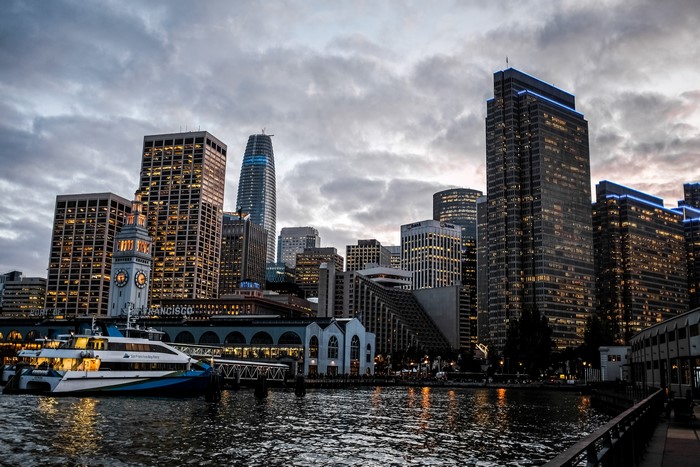 San Francisco skyline with Ferry Building and bay