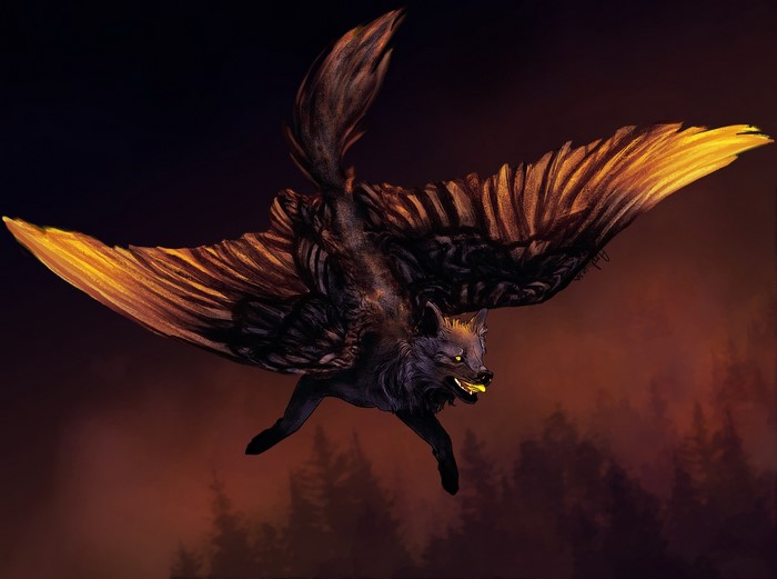 Winged wolf flying over a forest at dusk
