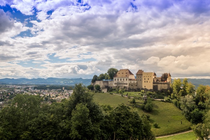 Lenzburg Castle in Switzerland with a town below