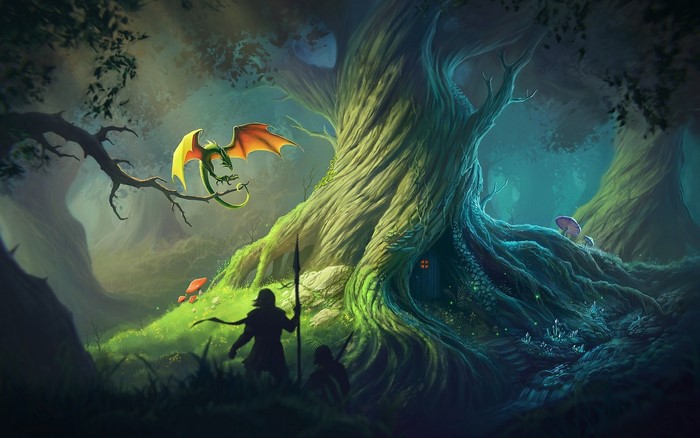 Dragon flying near warriors in a magical forest